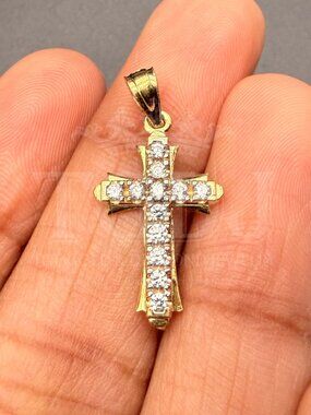 14K Two Tone Gold Cubic zirconia Cross Pendant